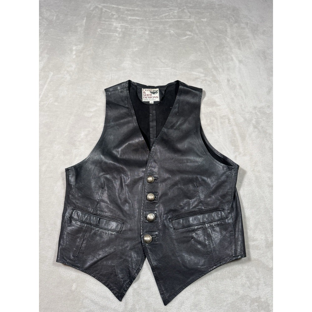 Vintage Char and Sher Designs Leather Vest Size 42 Black Western Santa Fe